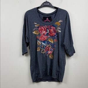 JOHNNY WAS grey Rose Embroidery Women's short sleeve boho Top